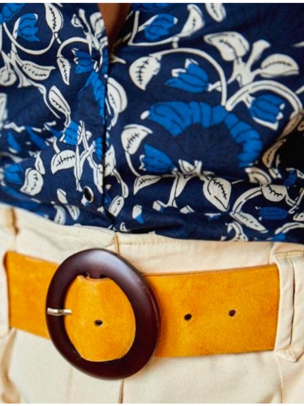 Sezane YVES Mustard Yellow Suede Belt with Brown Round Buckle